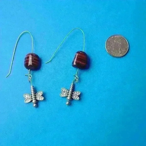 Vintage southwestern gemstone silver tone dragonfly earrings - Picture 6 of 11